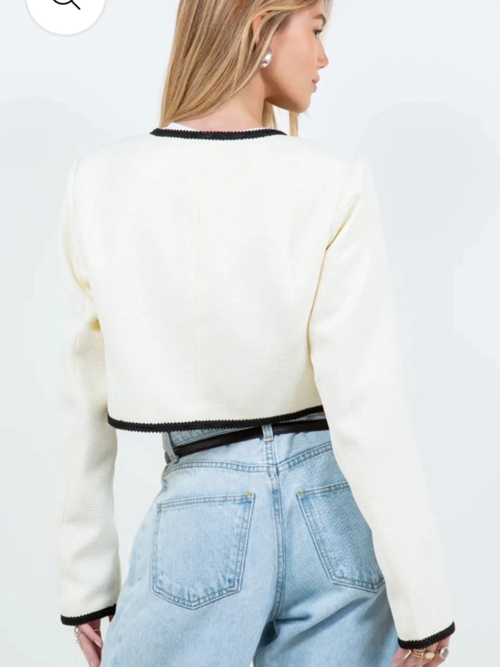 Ivory Cropped Bouclé Top with Black Trim and Bows - Picture 3 of 6